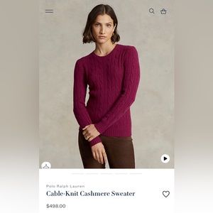 Burgundy red, cable knit cashmere sweater by Ralph Lauren